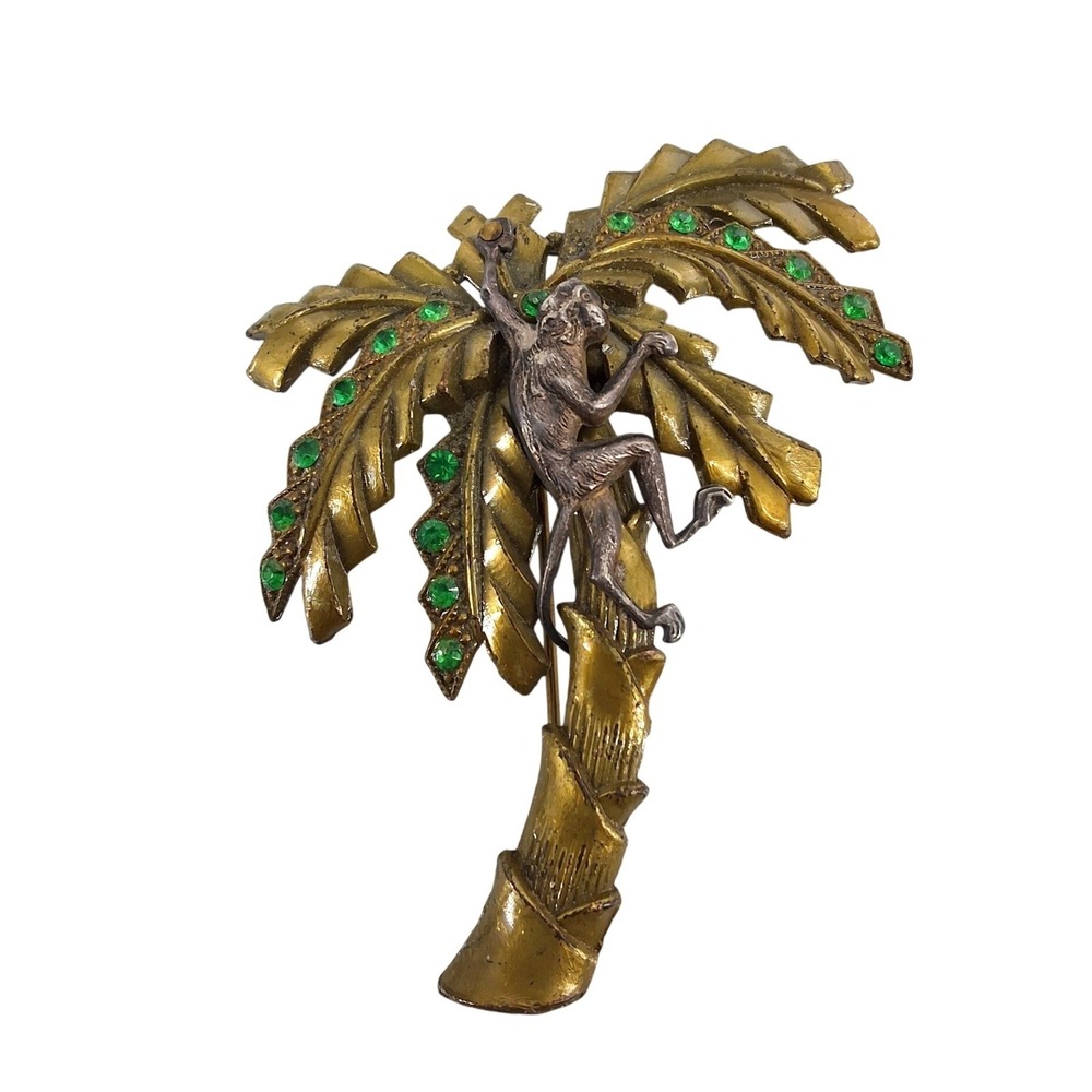 Vintage 1928 Jewelry Co Monkey Palm Tree Brooch Green Rhinestone‎ Pin Book Piece